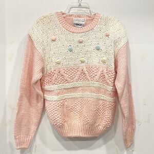 NEW Vintage Deb Womens Lg Crew Neck Sweater Petal Pink Pom Poms Hand Knitted‎